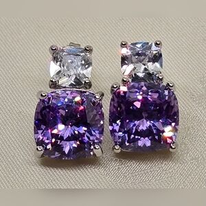 Elegant Purple and Clear Cushion Cut CZ, Silver Tone Earrings